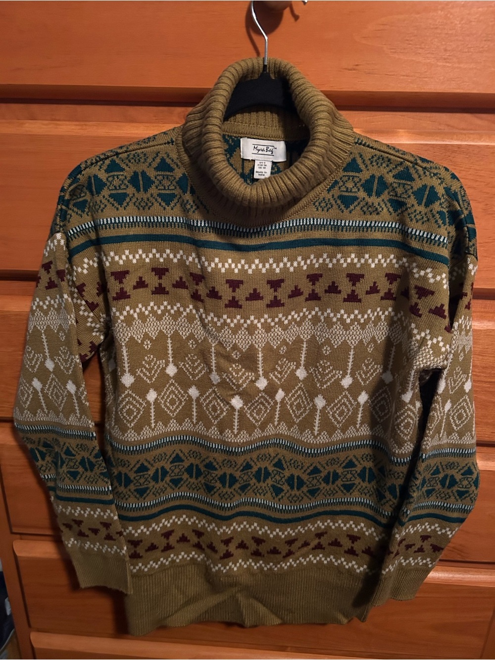 Myra Bag Western Olive Turtleneck Sweater with Teal & Maroon Accents